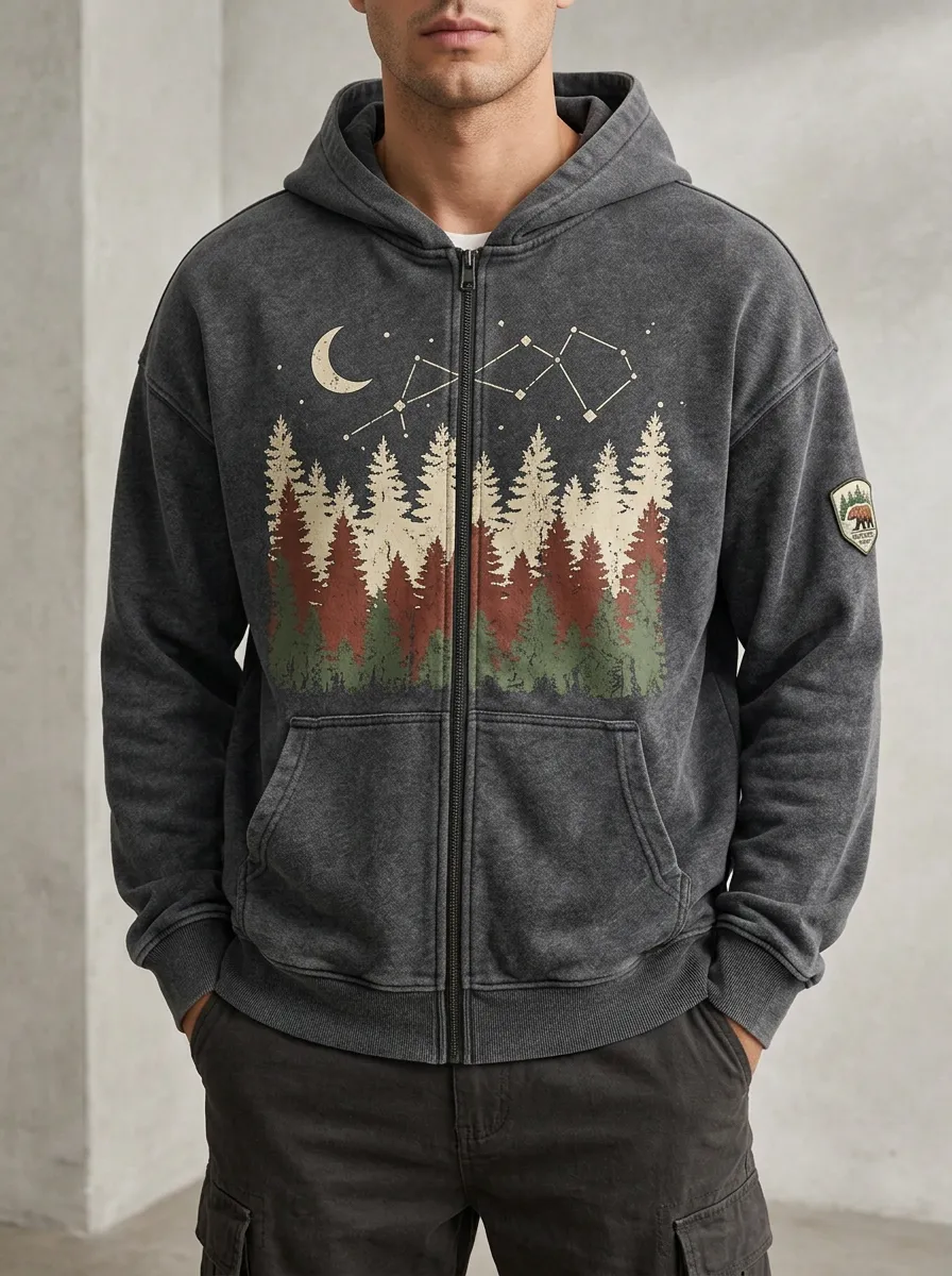 Men's Nature Lover Moon Pine Forest Constellation Printed Zip Hoodie