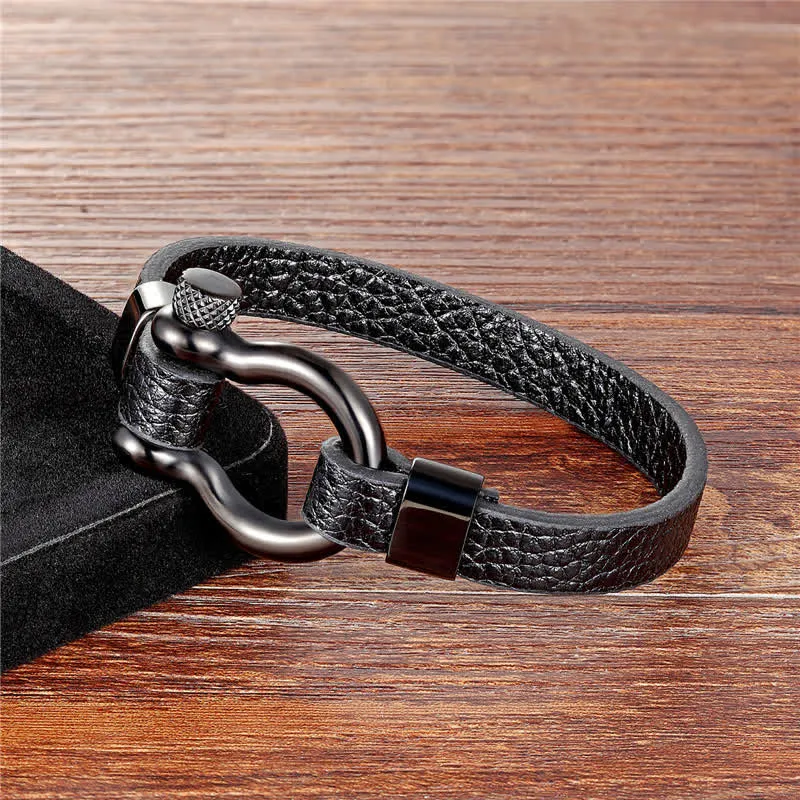 Leather Titanium Steel Shackle Bracelet