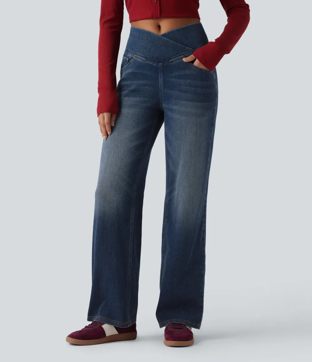 High-waisted, relaxed, crossover straight-leg jeans with  pockets