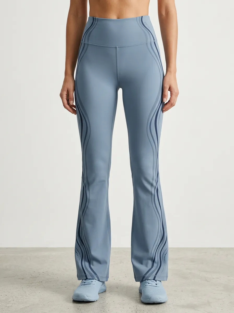Women’s Mid-Rise Yoga Blue Wavy Line Printed Mini Flare Yoga Pants