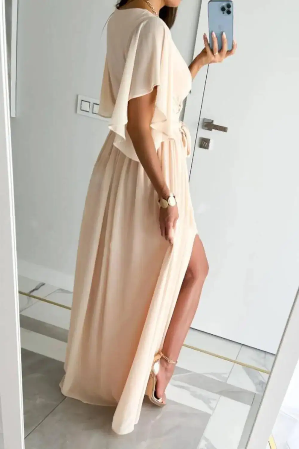 Relaxed Surplice Neck Flutter Sleeve Dress