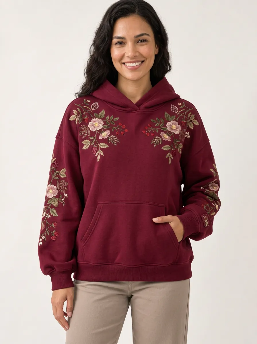 Women's Floral Wildflower Embroidered Graphic Nature Inspired Easygoing Hoodie