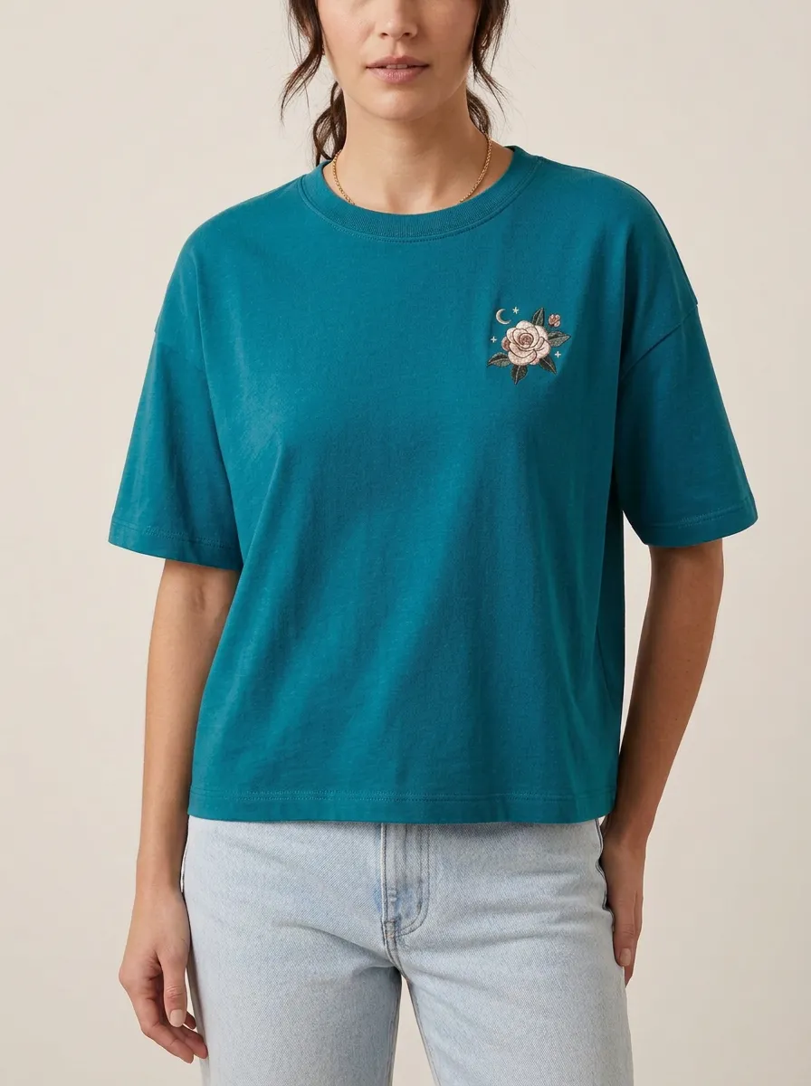 Women's Celestial Rose Embroidered Crewneck T-Shirt