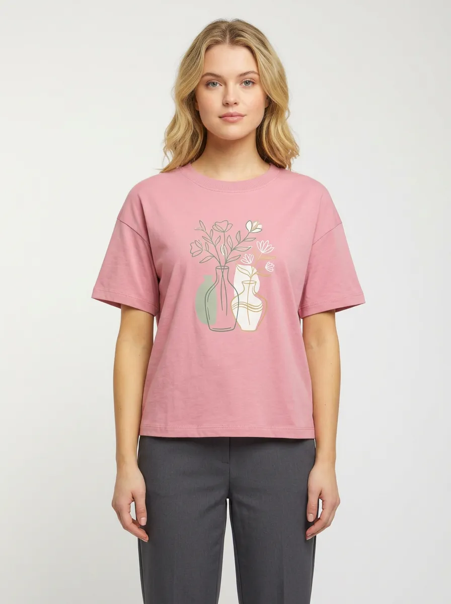 Women's Crew-Neck Graphic-Print Floral T-Shirt