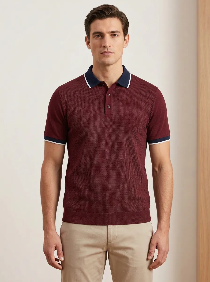 Men's Grey Textured Knit Contrast Collar Polo Shirt