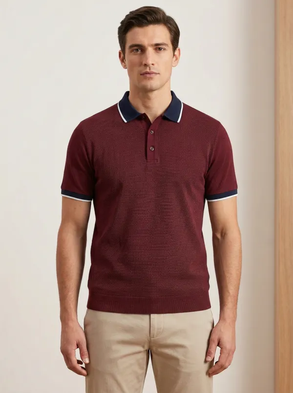 Men's Grey Textured Knit Contrast Collar Polo Shirt