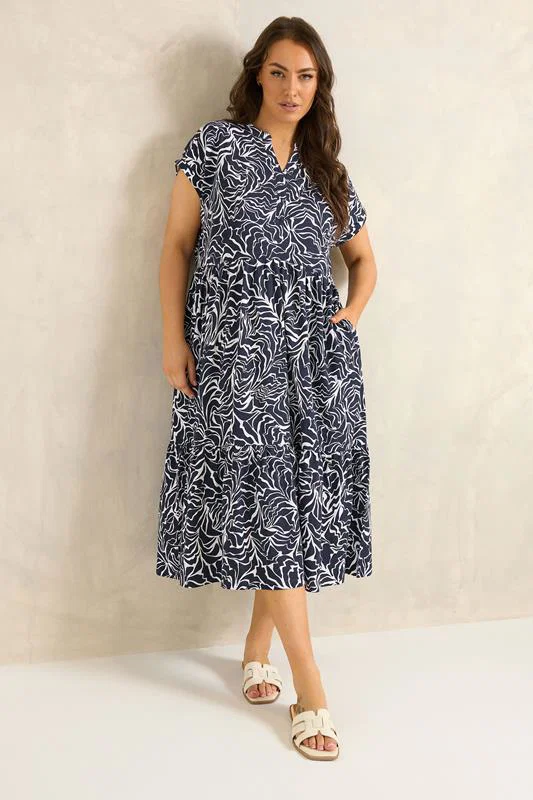 Navy Blue Abstract Print Notch Neck Cotton Midi Dress detail 1