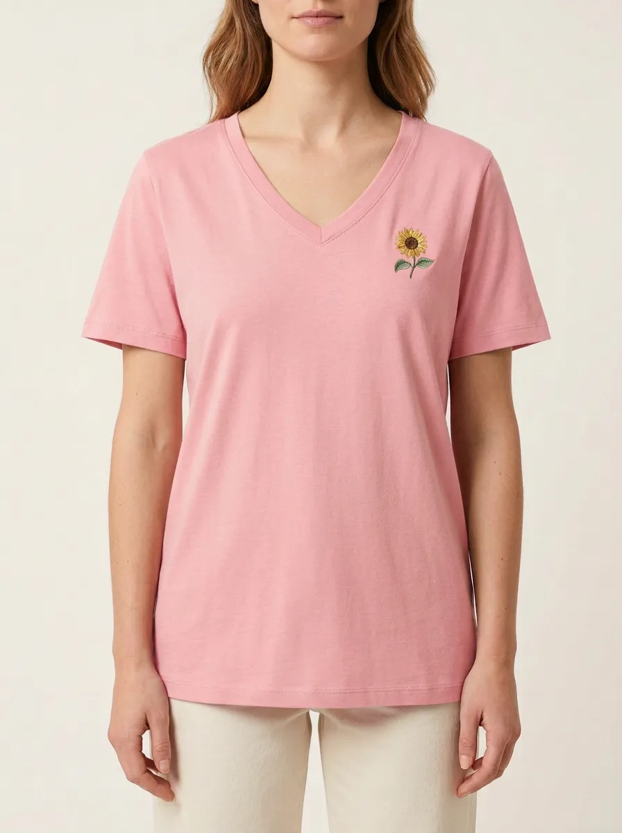 Women's Floral Sunflower Embroidered V-Neck T-Shirt