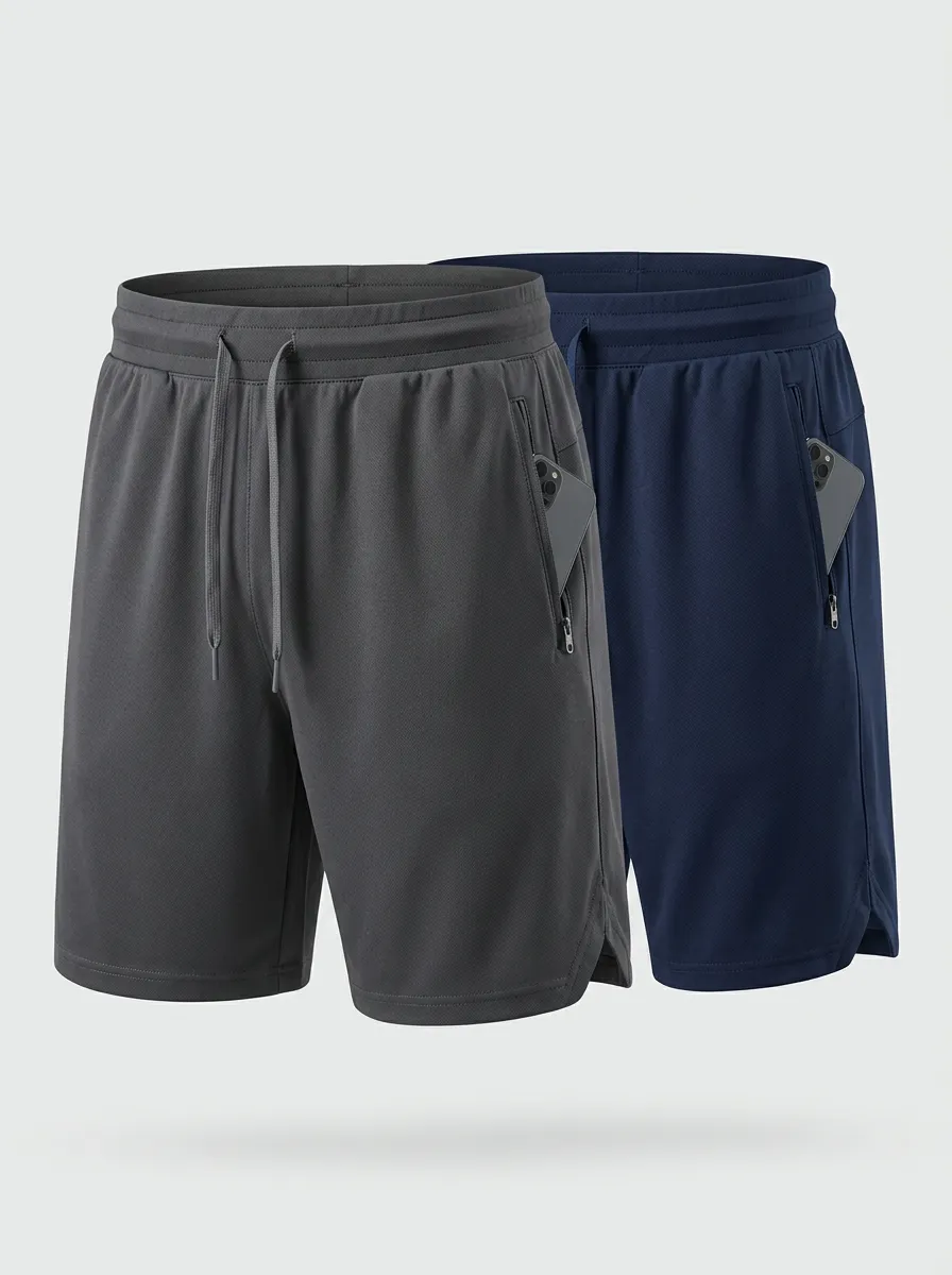 Printed Zipper-Pocket Two-Pack Athletic Shorts