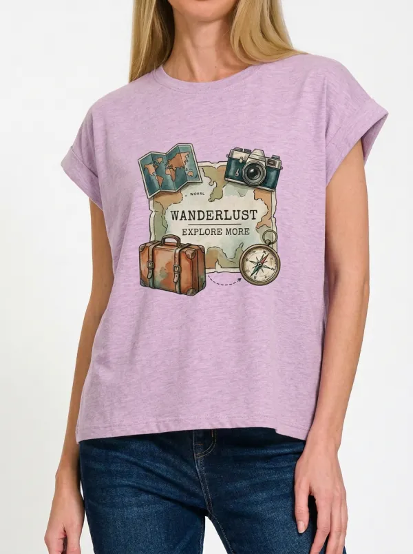 Women's Travel Wanderlust Map Camera Graphic T-Shirt