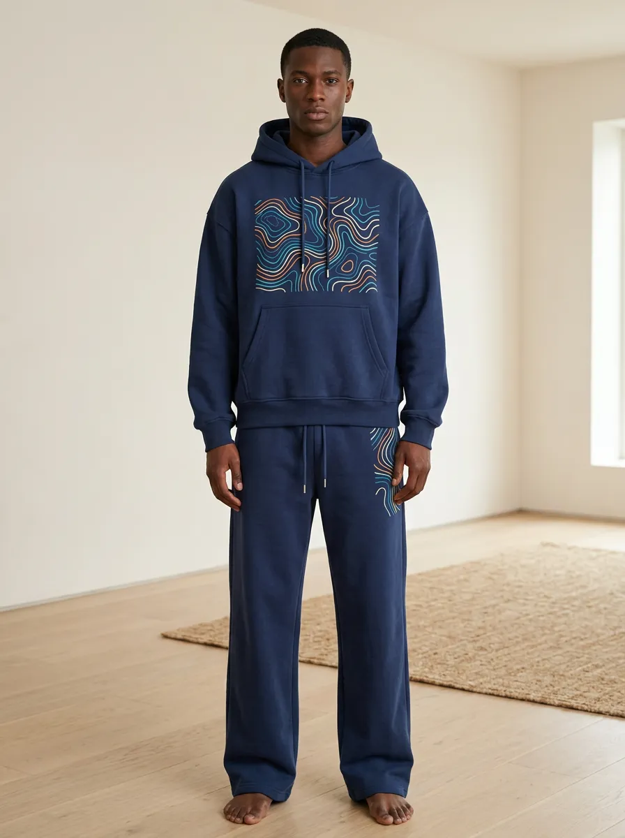 Men's Abstract Topographic Line Art Printed Hoodie Sweatpants Set