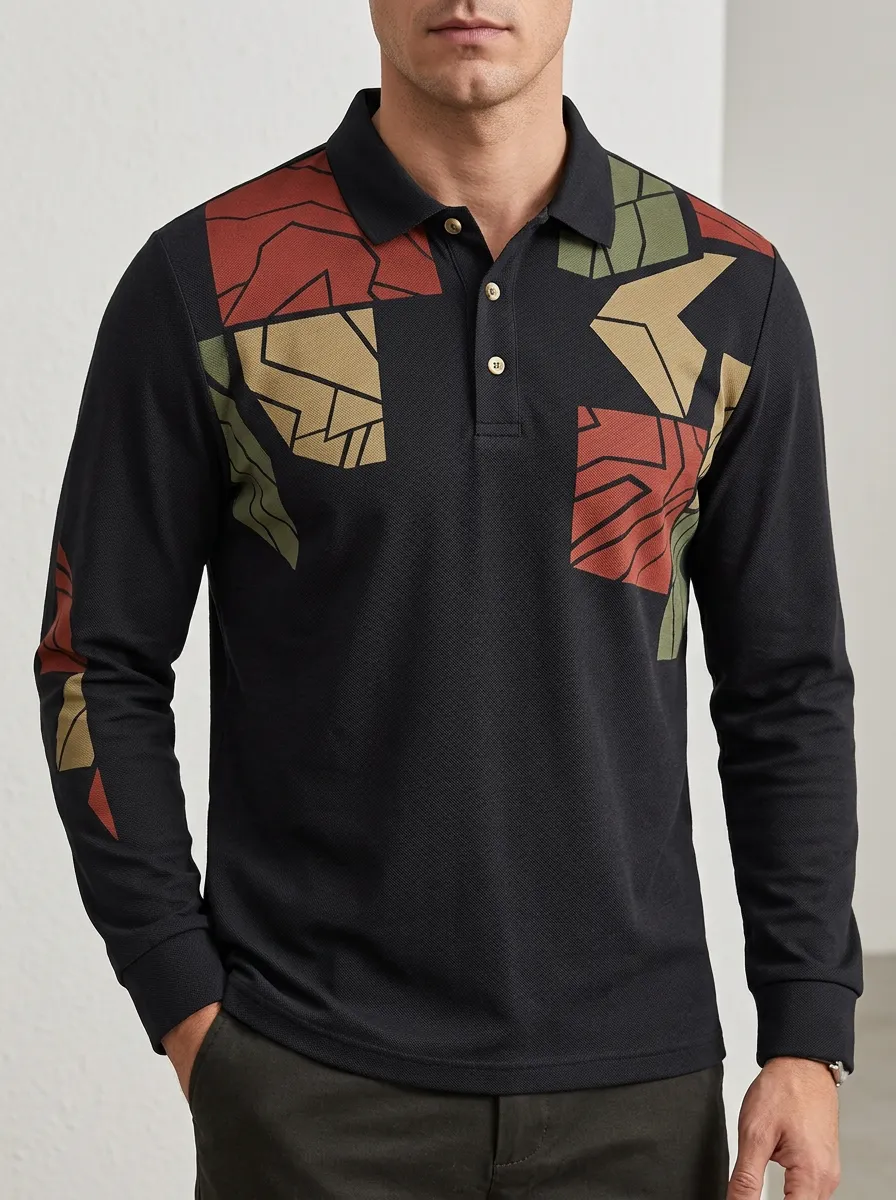 Men's Geometric Abstract Pattern Printed Long Sleeve Polo Shirt
