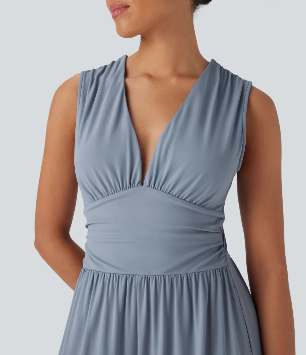 SoftlyZero Airy V Neck Sleeveless Ruched Pocket Cool Touch Casual Jumpsuit-Easy Peezy