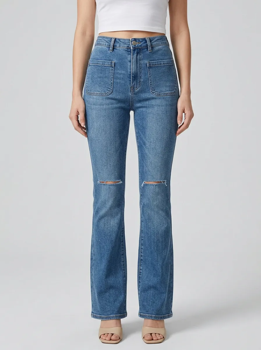 Women's High-Rise Square Patch-Pocket Horizontal-Knee Distressed Flare Jeans