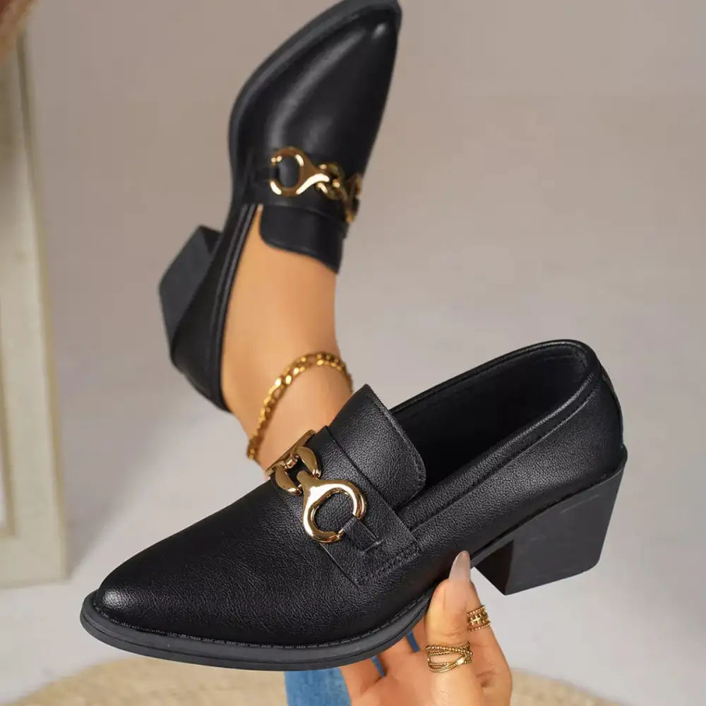 Textured Pointed Toe Block Heel Loafers