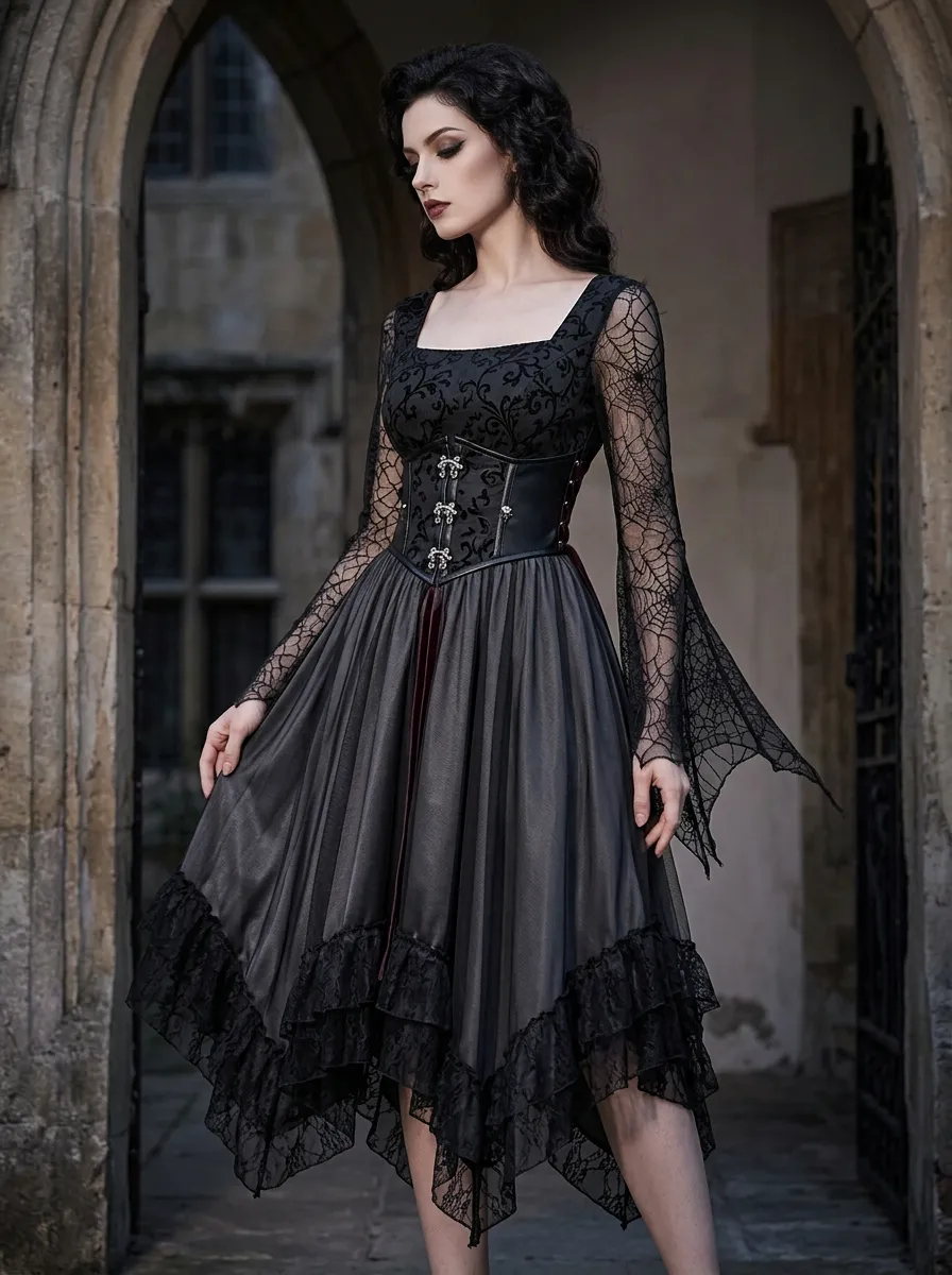 Punk Spiderweb Corset Lace Finish Women's Gothic Dress