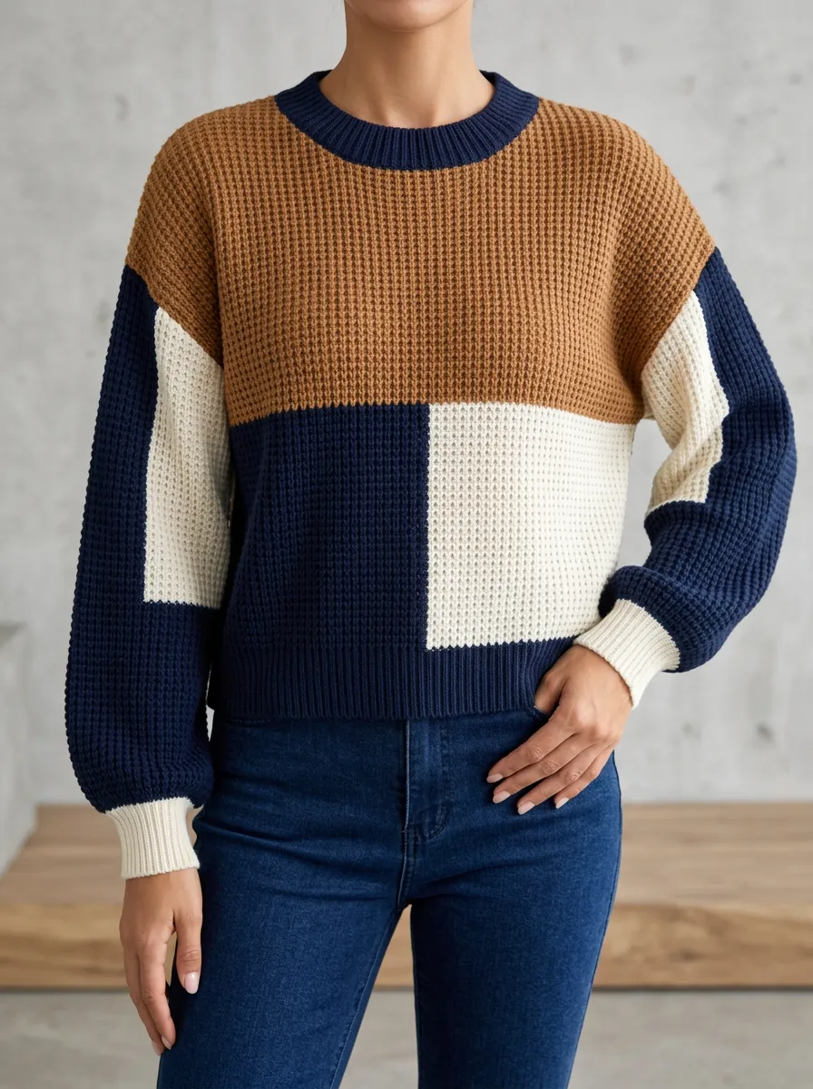 Waffle Knit Crewneck Pullover with Colorblock Contrast