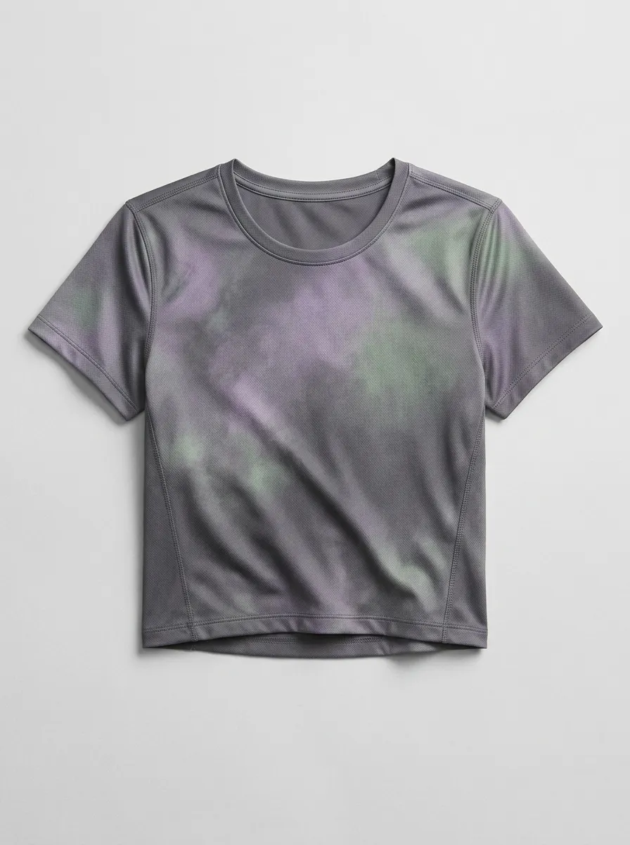 Women's Athletic Fitness Purple Green Tie-Dye Printed Crop Top