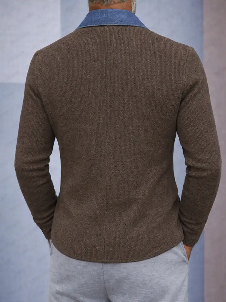 Cool Stylish Contrast Denim Panel Knit Blazer Jacket
