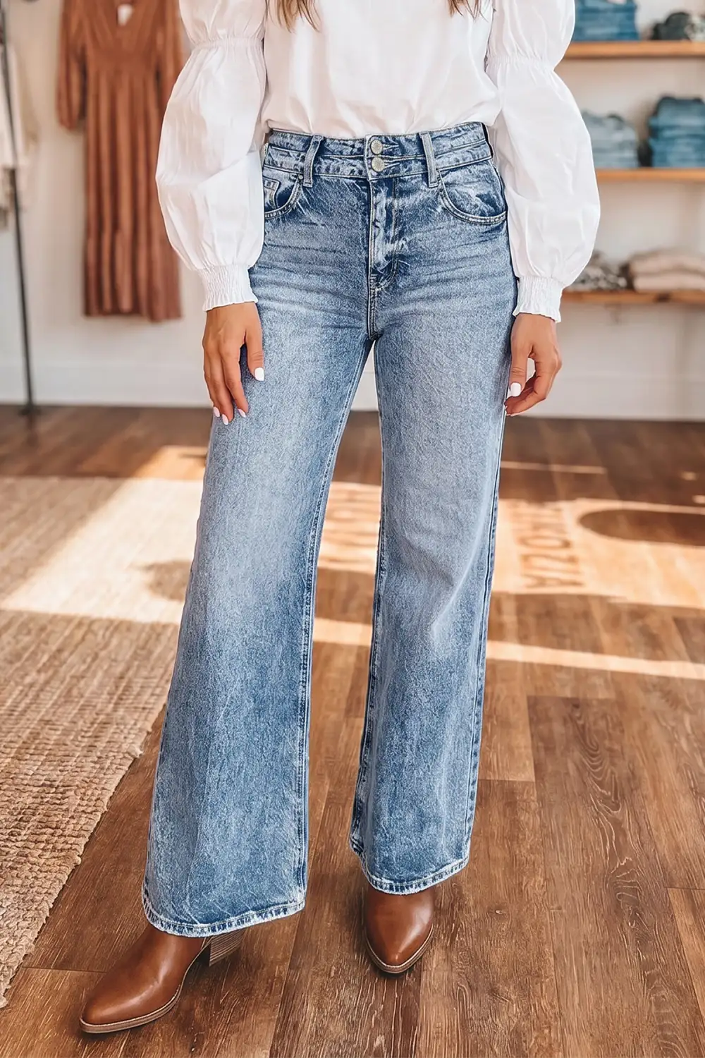 Women's Flare Jeans With Acid Wash And Pocket Detail