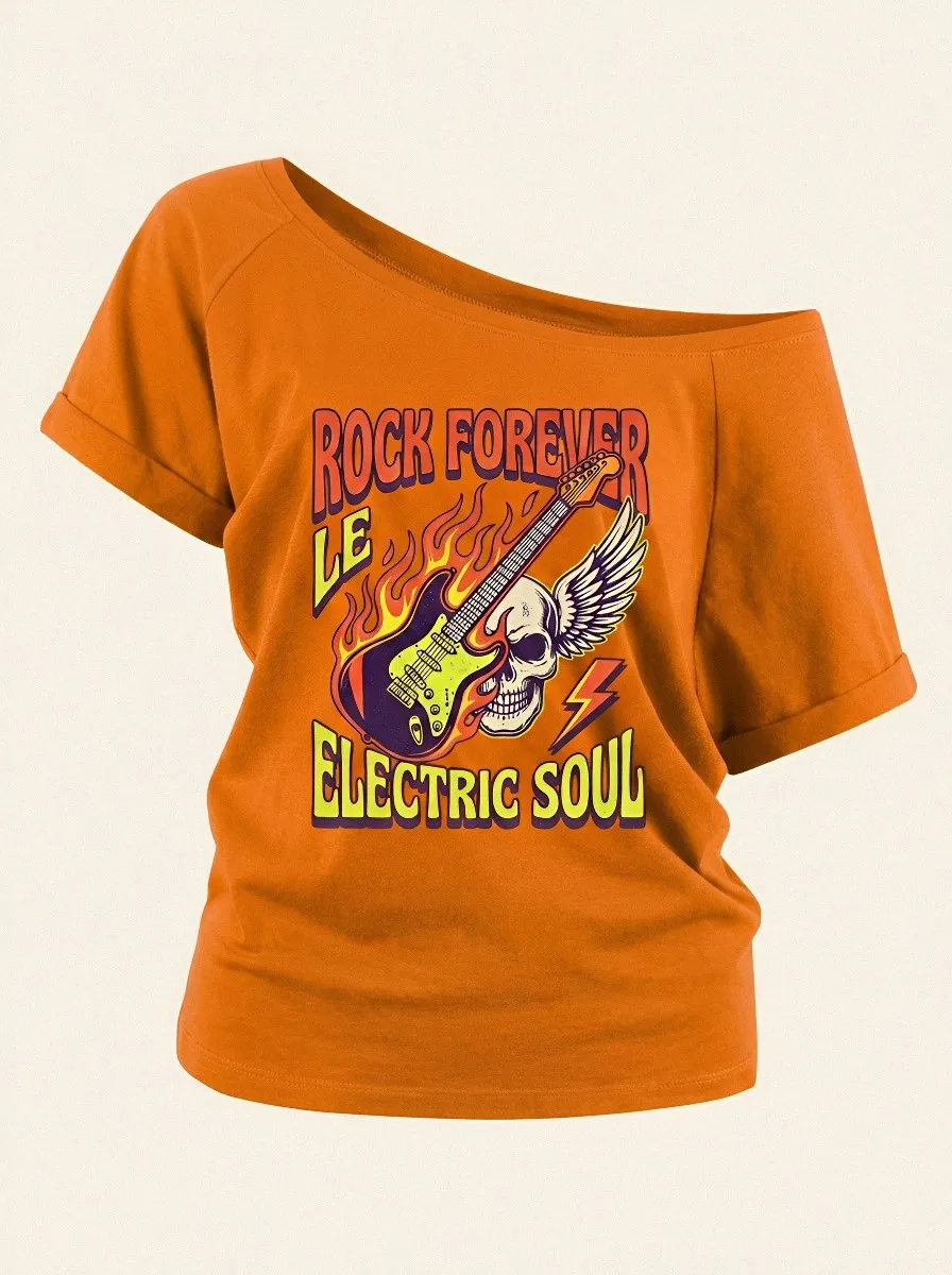 Women's Rock Music Lover Flaming Guitar Skull Printed Off-Shoulder Top