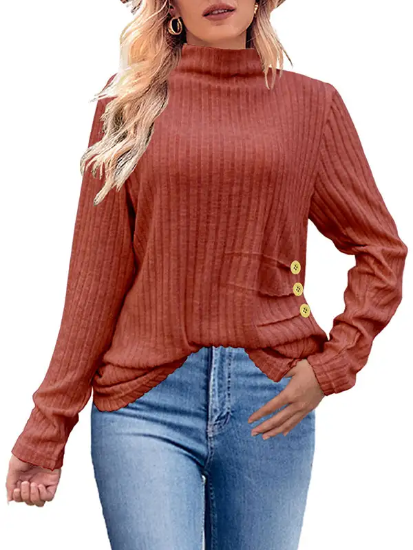 Long Sleeve Relaxed Button Detail Pleat Detail High Neck T-Shirt