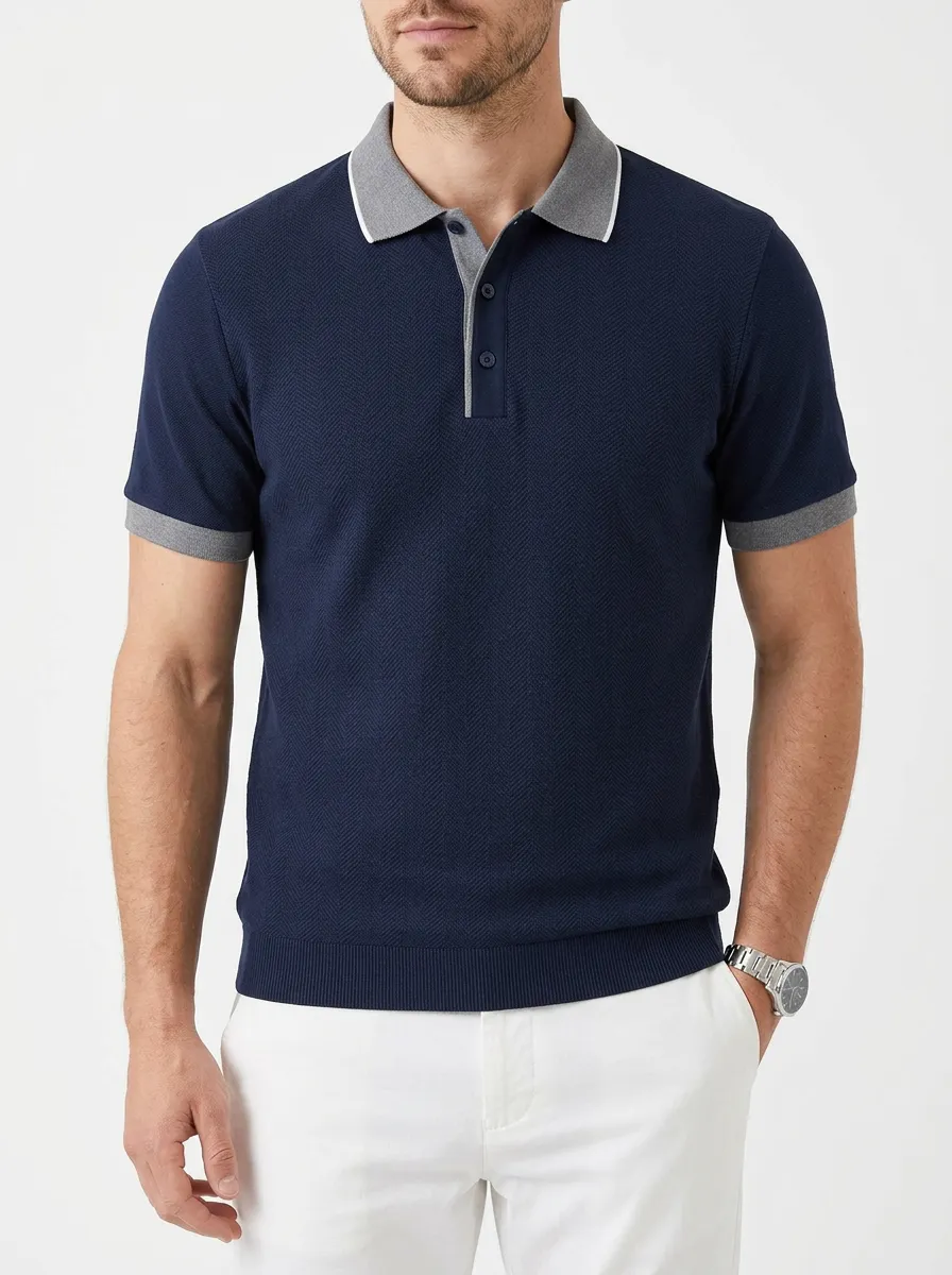 Men's Casual Business Herringbone Pattern Contrast Collar Polo Shirt