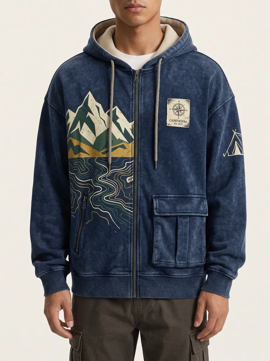 Men's Camping Adventure Mountain Landscape Printed Zip Hoodie