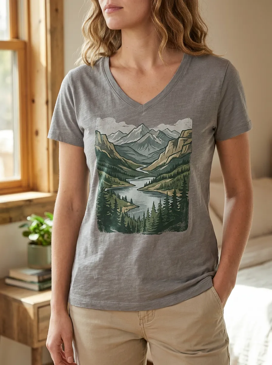 Women's Forest Nature Lover Mountain Lake Forest V-Neck T-Shirt