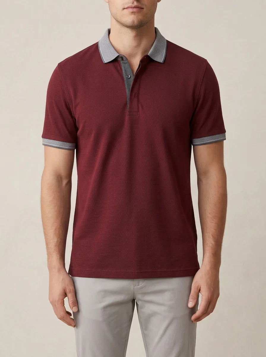 Men's Blue Textured Contrast Collar Polo Shirt