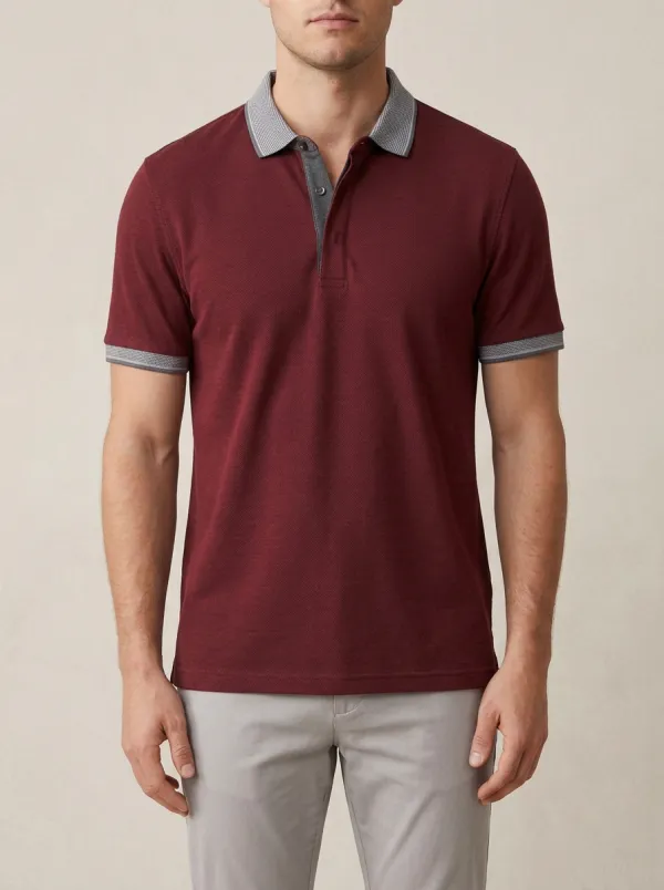 Men's Blue Textured Contrast Collar Polo Shirt