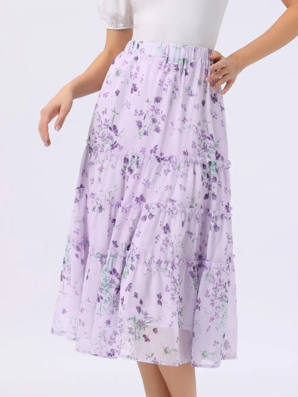 Chiffon Floral-Print Long Tiered Ruffle Boho Midi Skirt