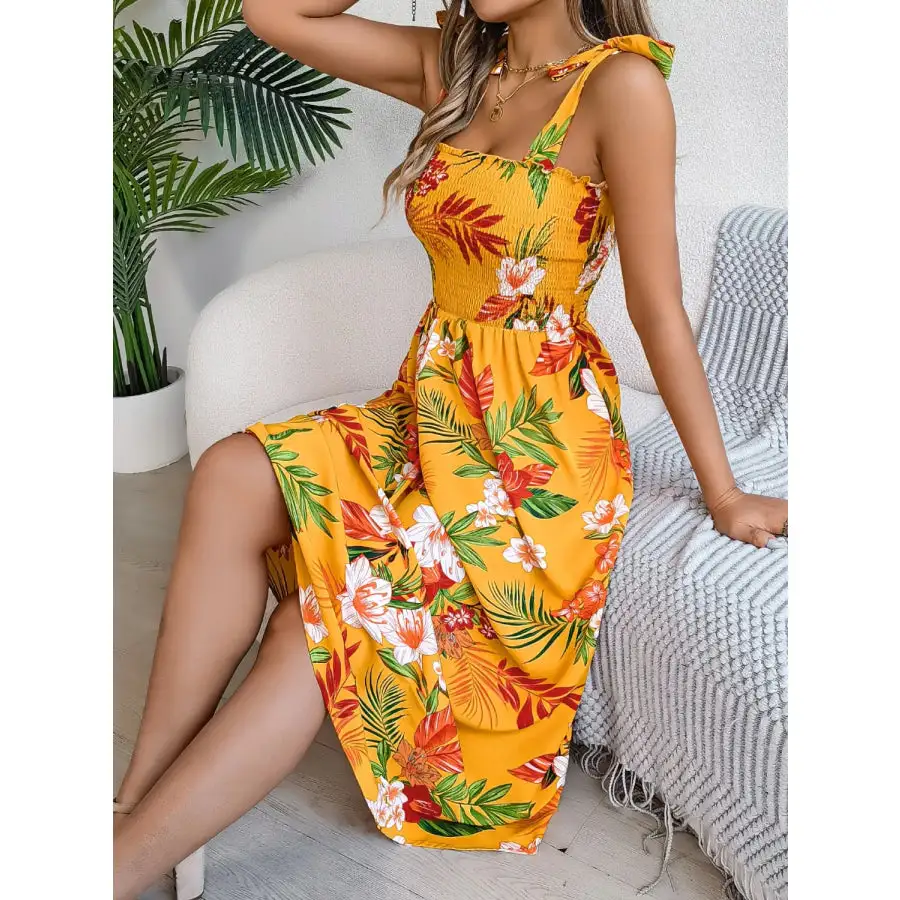 Smocked Tie Shoulder Midi Dress