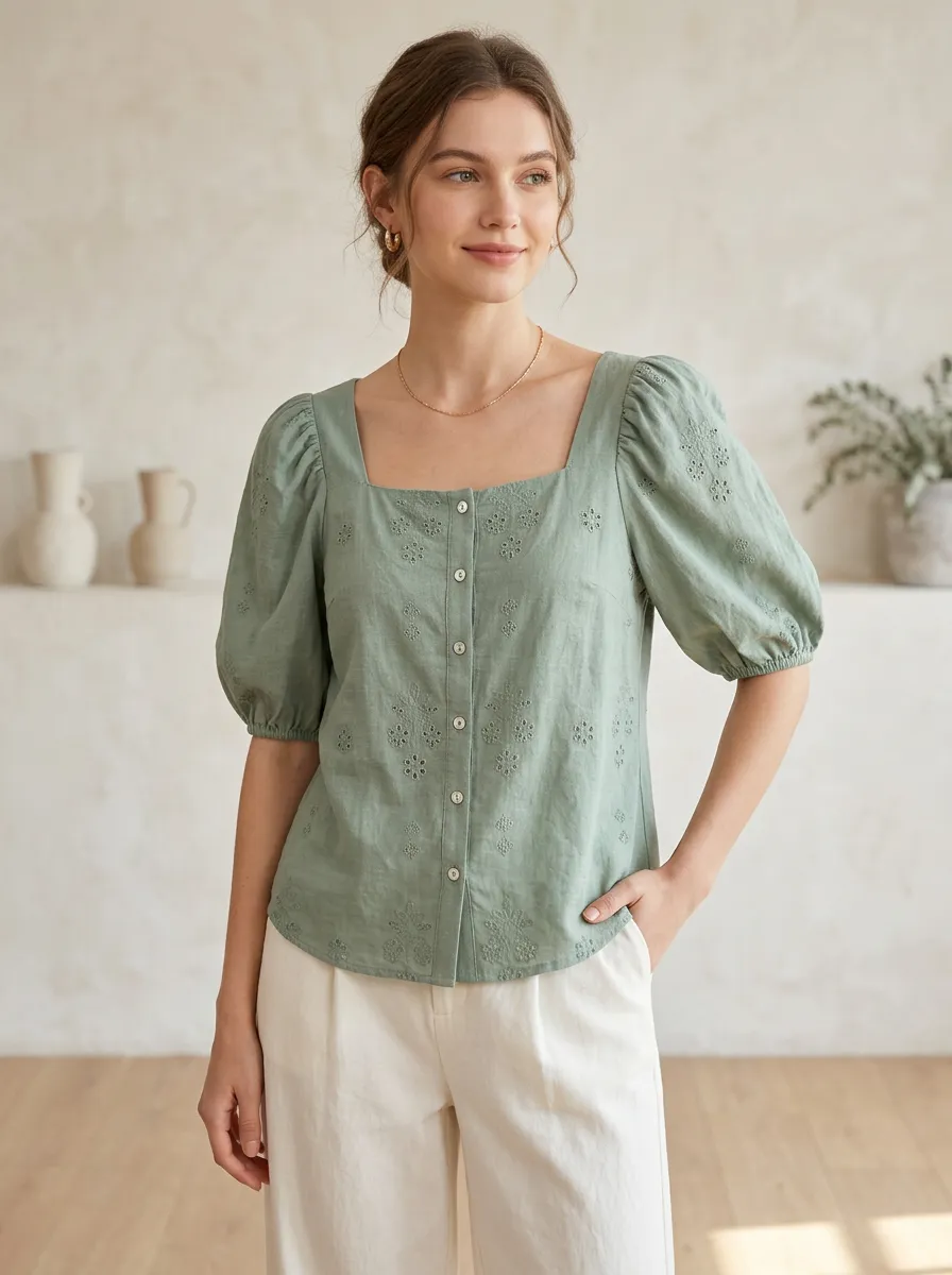 Eyelet Floral Button-Front Women's Puff-Sleeve Blouse