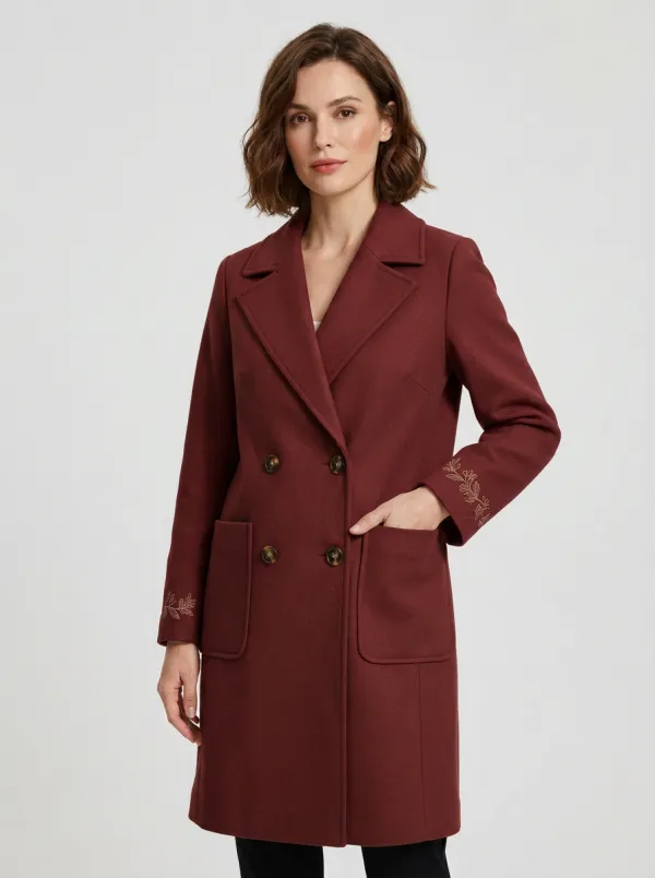 Women's Camel Floral Embroidered Double-Breasted Wool Coat
