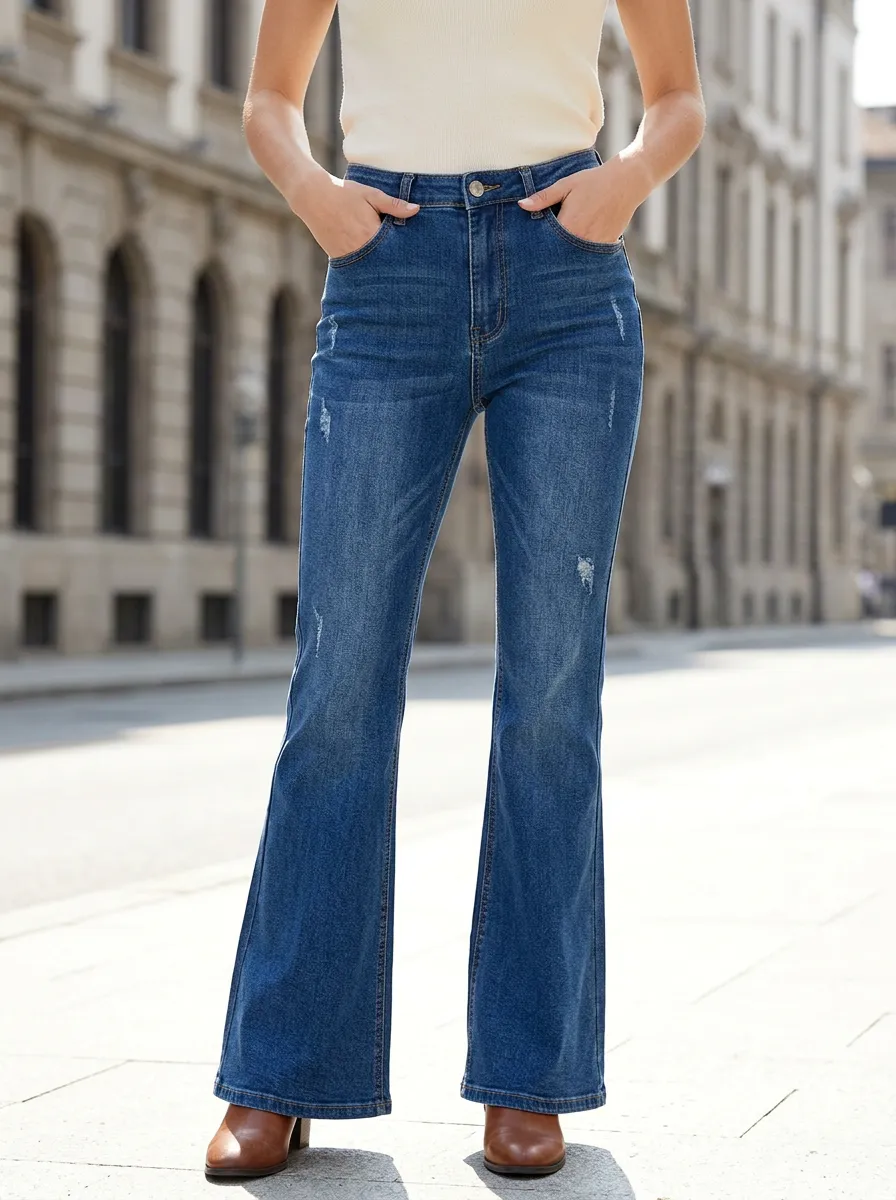 Women's Casual Fashion Distressed High Waisted Flare Jeans
