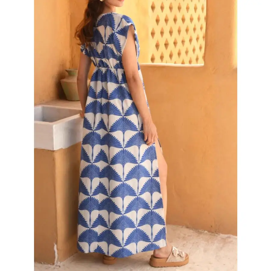 Slit Printed V Neck Cap Sleeve Maxi Dress