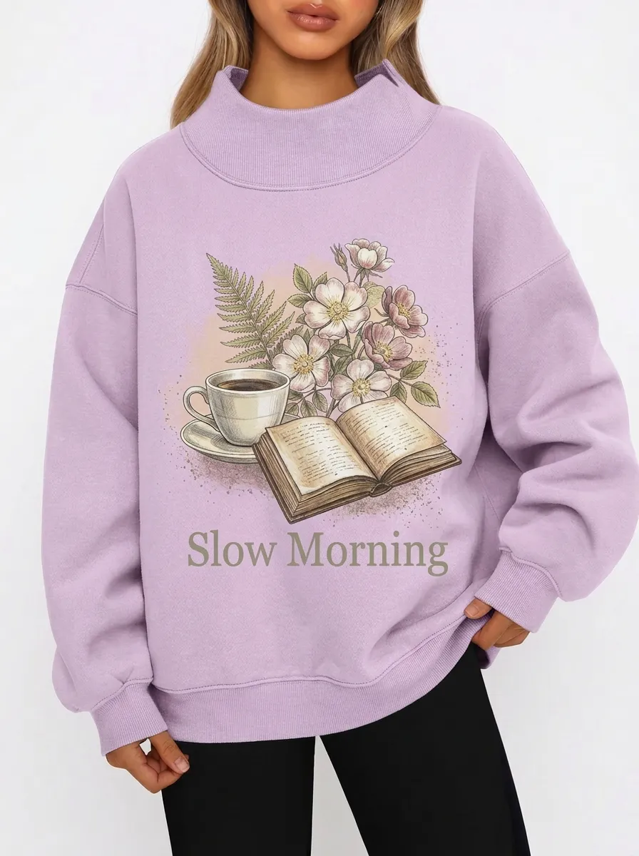 Women's Book Coffee Lover Slow Morning Floral Graphic Sweatshirt