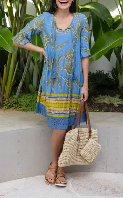 Above-Knee Graphic Cotton Pleated V-Neck Half-Sleeve A-Line Tunic Dress