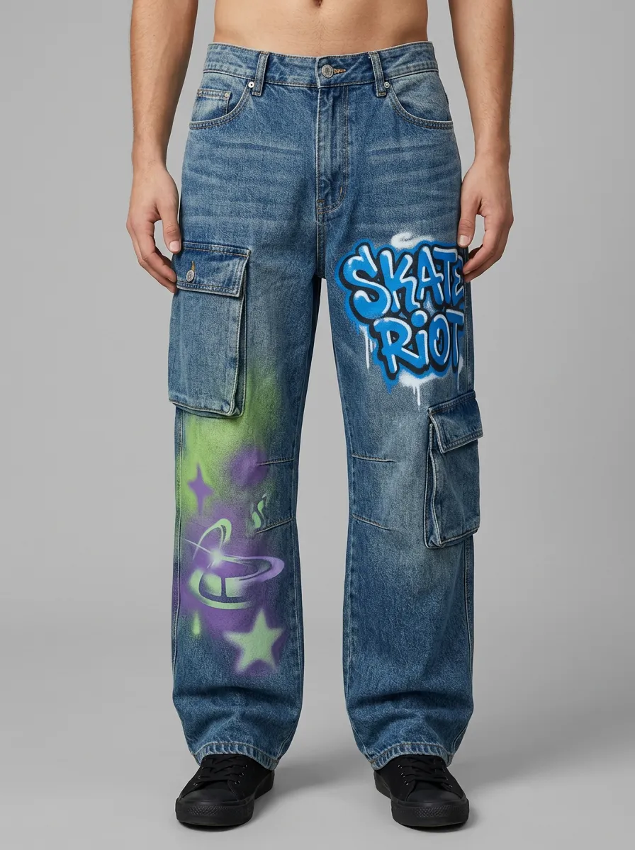 Men's Skate Riot Graffiti Star Graphic Cargo Jeans