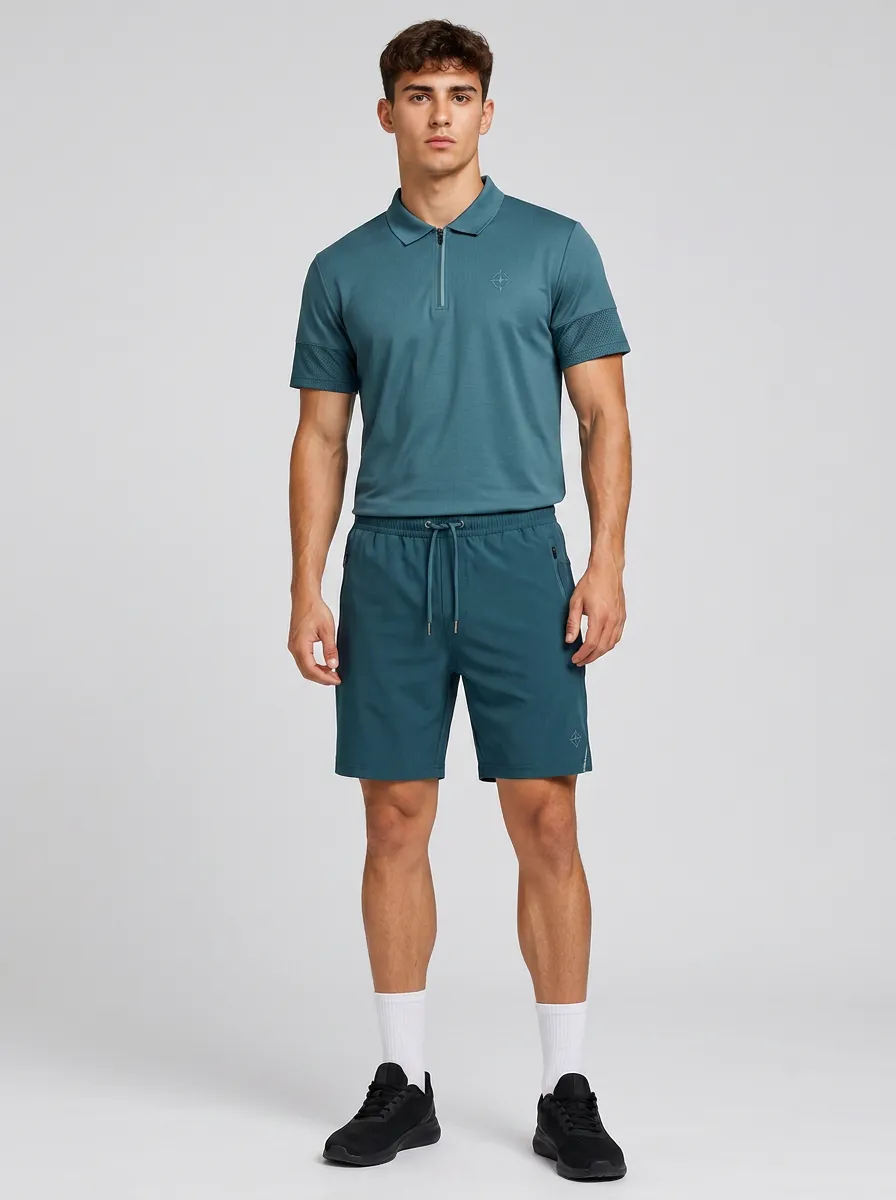 Men's Casual Sporty Teal Quarter-Zip Polo and Shorts Set