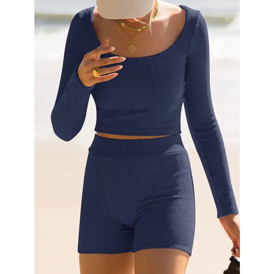 Scoop Neck Long Sleeve Top and Shorts Set