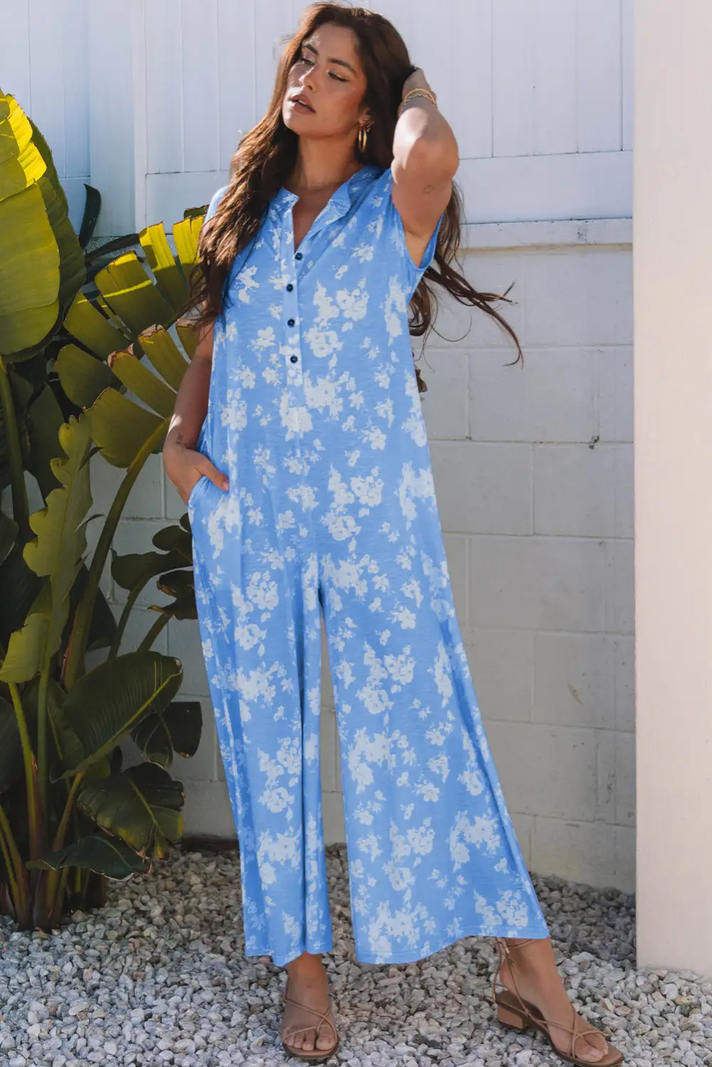 Myosotis Floral Print Half Button Wide Jumpsuit