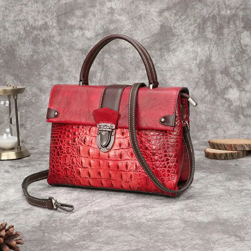 Vintage Accessory: Crocodile-Pattern Small Square Crossbody Bag
