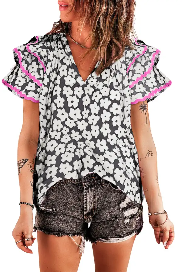 Black Floral Contrast Layered Ruffle Sleeve Blouse