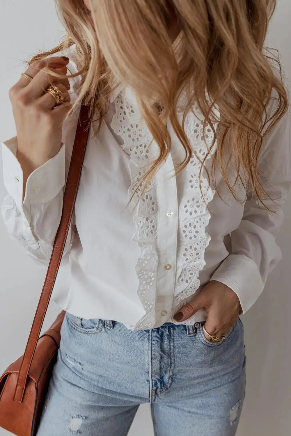 Lace Trim Collared Turn-down Collar Shirt Blouse