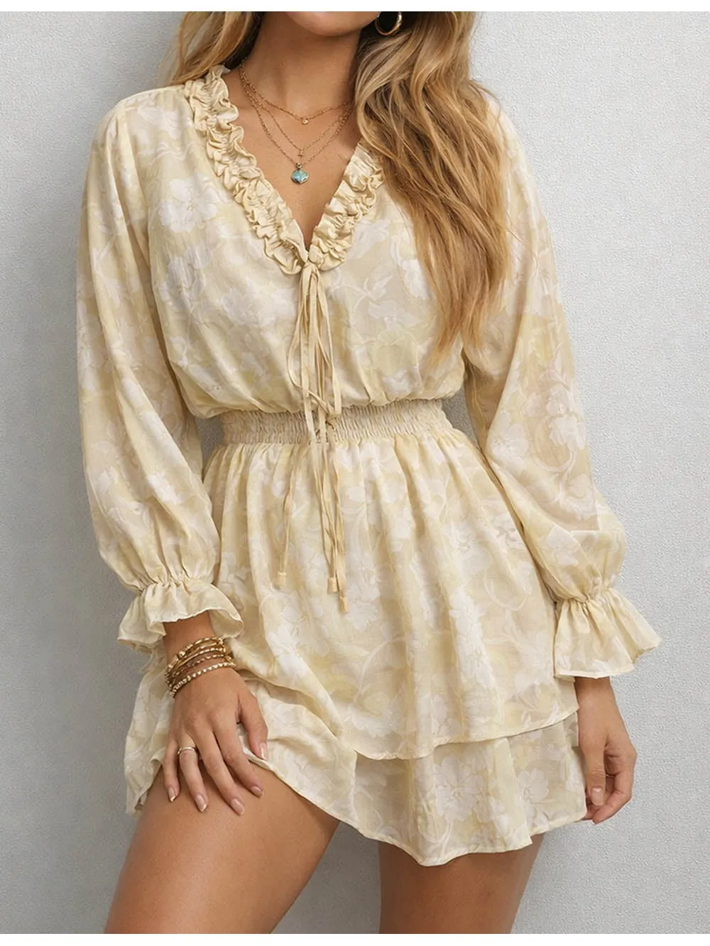V Neck Tiered Ruffle Smocked Mini Dress