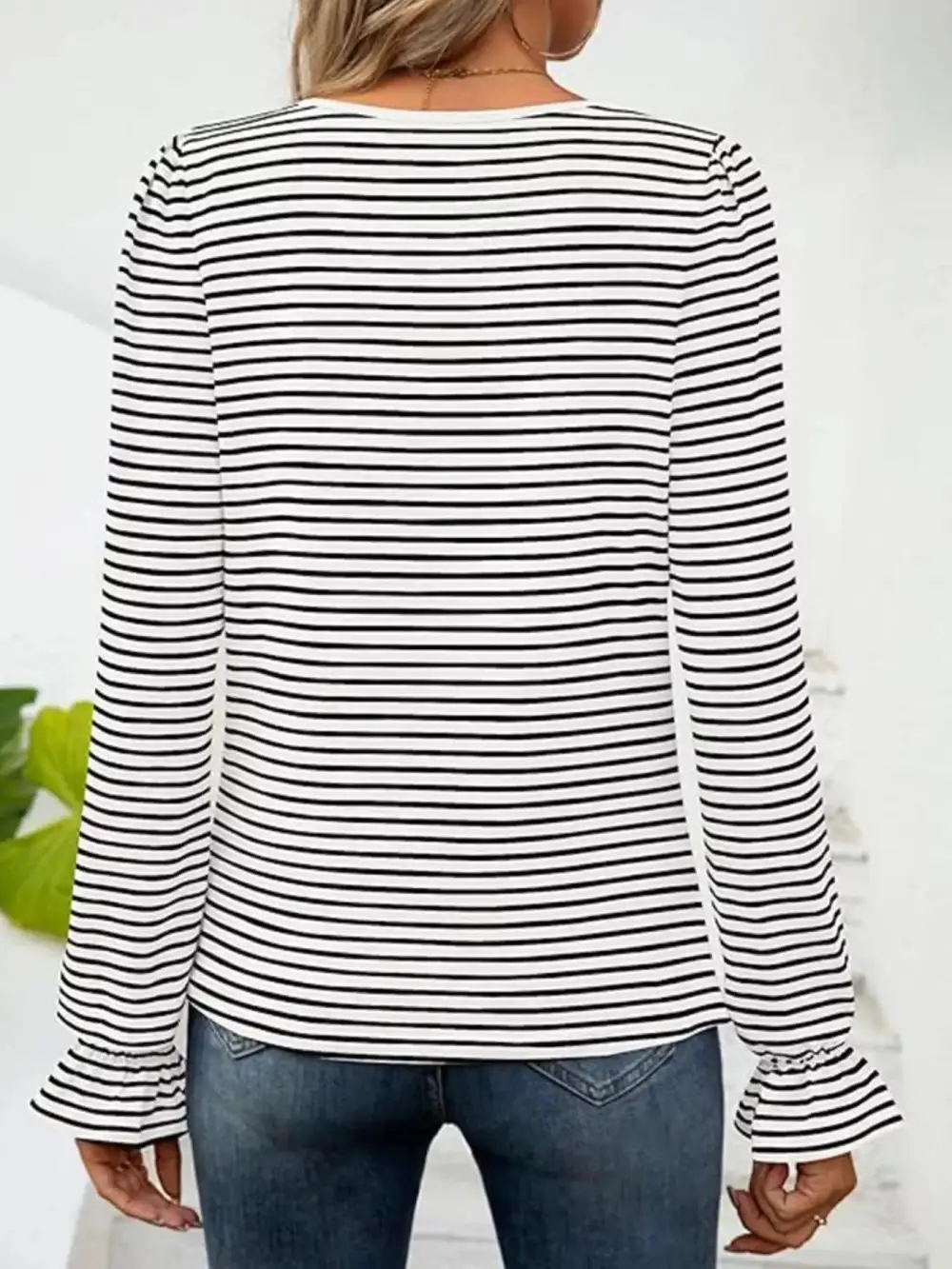 Striped Long Sleeve T-Shirt with Square Neckline