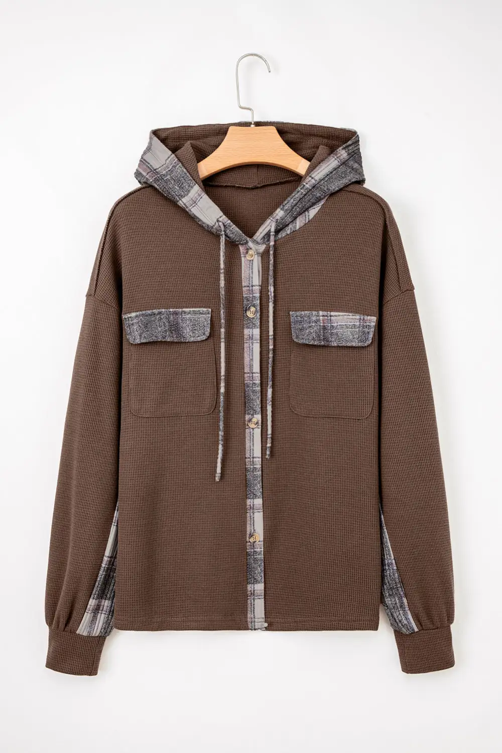 Women's Plaid Patchwork Button Down Drawstring Hooded Shacket