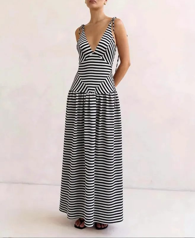 Striped V-Neck Tie-Shoulder Maxi Dress